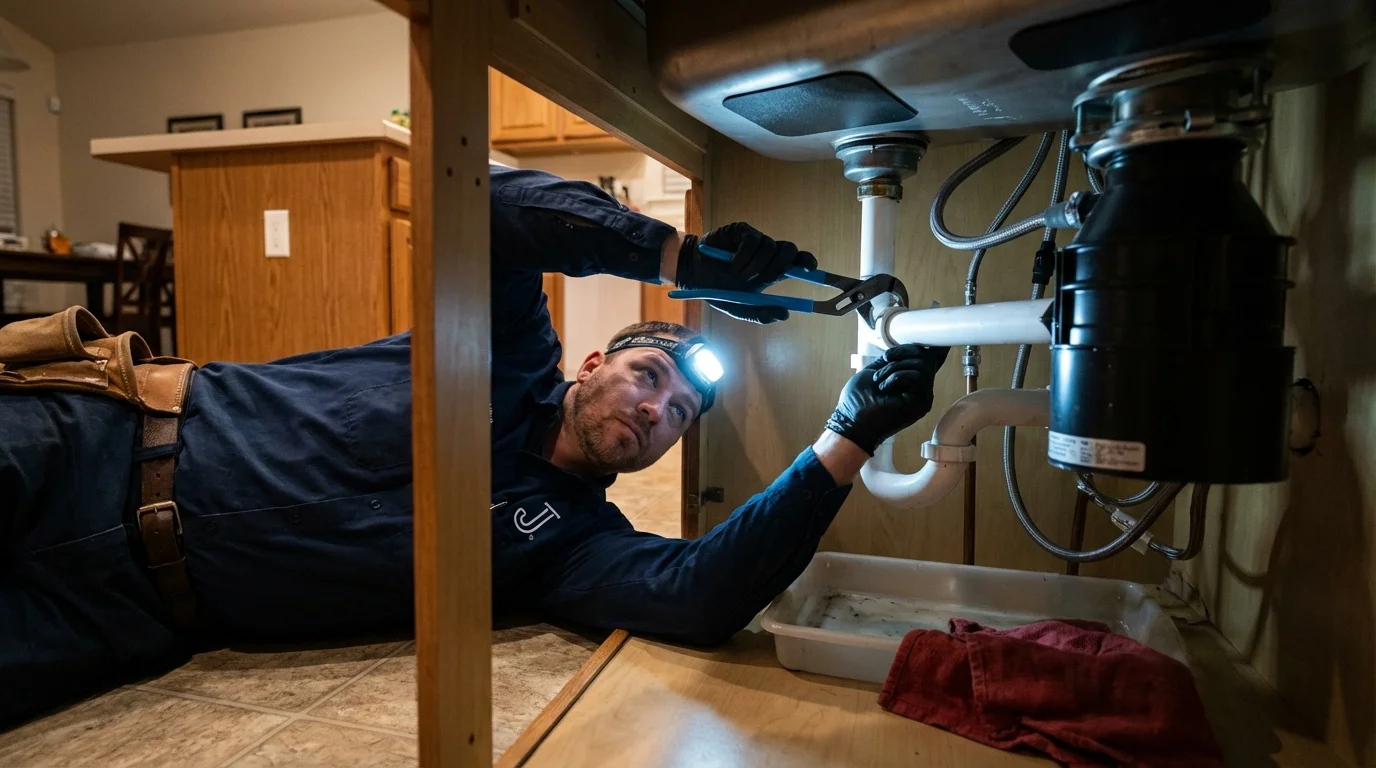 P-trap and supply line connections under a kitchen sink showing a common leak point in San Luis, CO